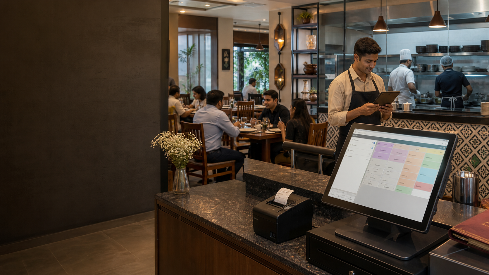 Modern Indian restaurant using a POS terminal and tablet ordering